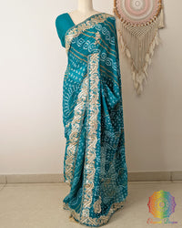 Turquoise Pure Chinon Saree with Bandhani design and intricately handcrafted Gota Patti pallu