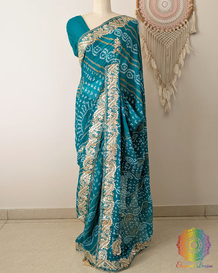 Turquoise Pure Chinon Saree with Bandhani design and intricately handcrafted Gota Patti pallu