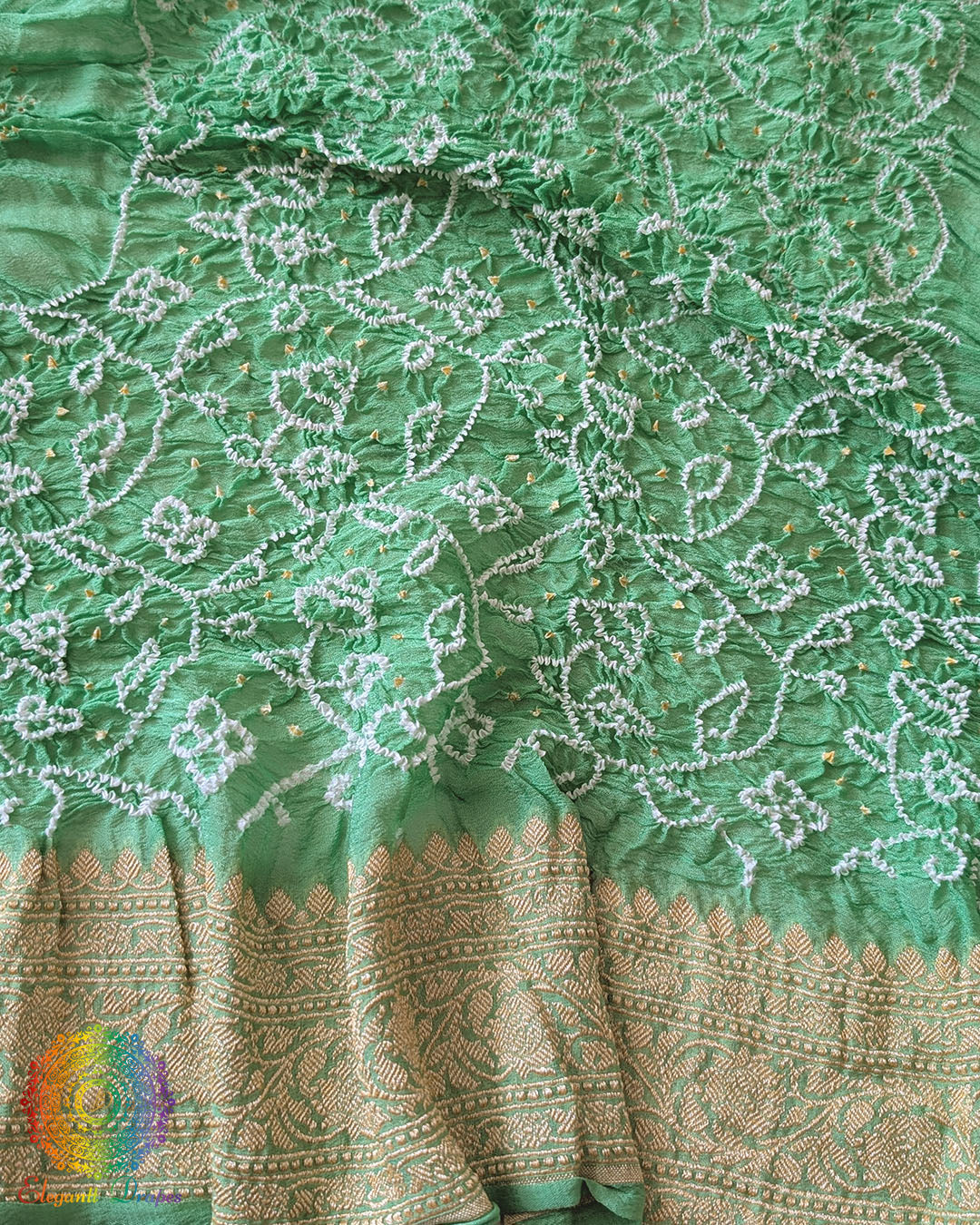 Close-up of Rai Bandhej detailing on Sea Green Banarasi Khaddi Georgette Dupatta