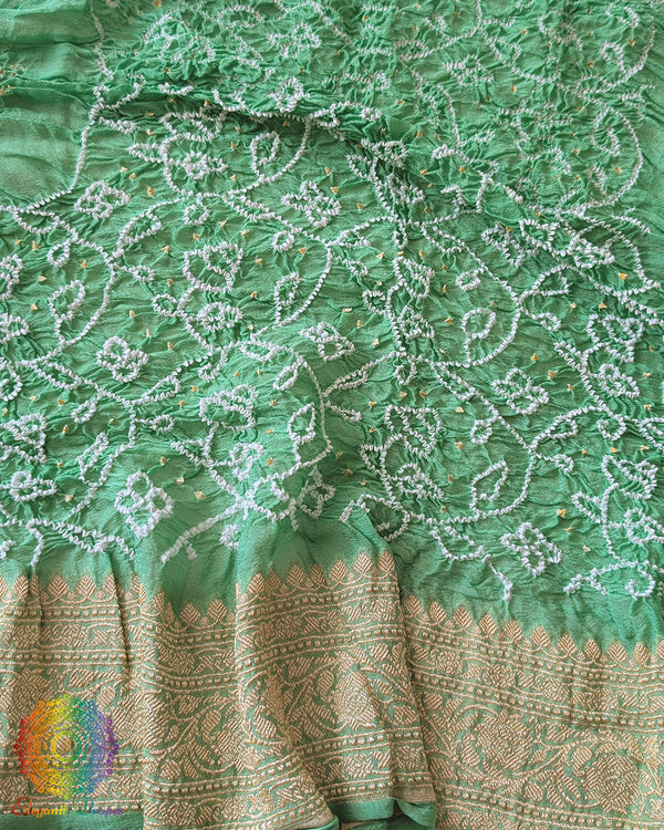 Close-up of Rai Bandhej detailing on Sea Green Banarasi Khaddi Georgette Dupatta