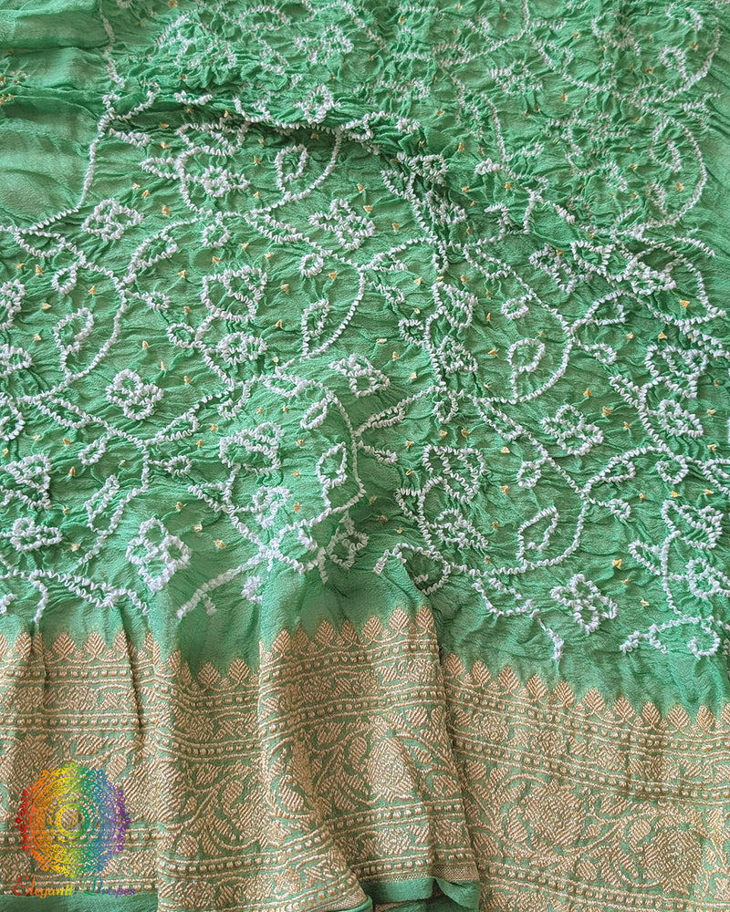 Close-up of Rai Bandhej detailing on Sea Green Banarasi Khaddi Georgette Dupatta