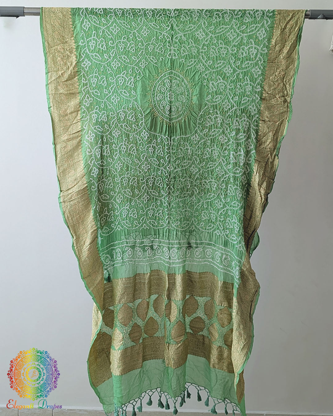 Sea Green Rai Bandhej Dupatta with Banarasi Khaddi Georgette weave full view