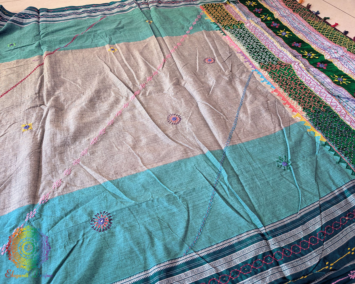 Side view of Sea Green Ilkal cotton saree featuring handcrafted Lambani embroidery