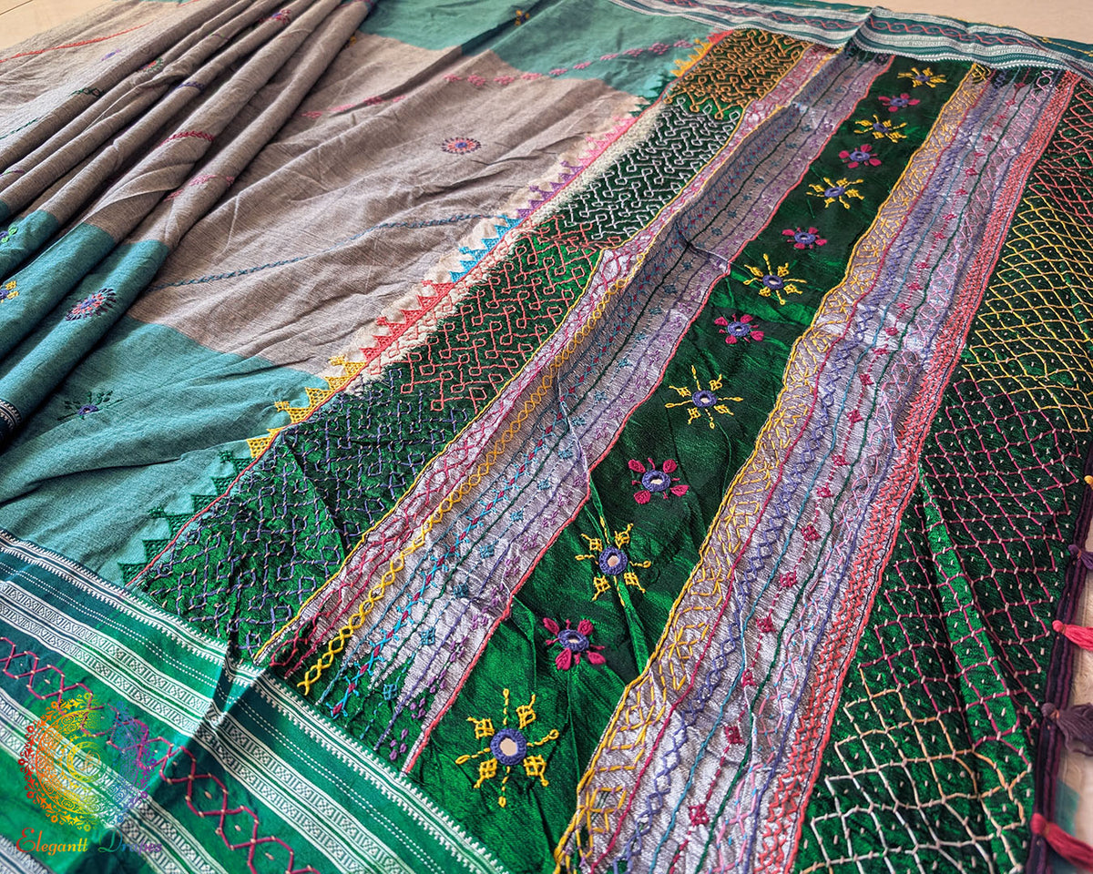 Close-up of intricate multicolored Lambani hand embroidery on the richly embellished palla