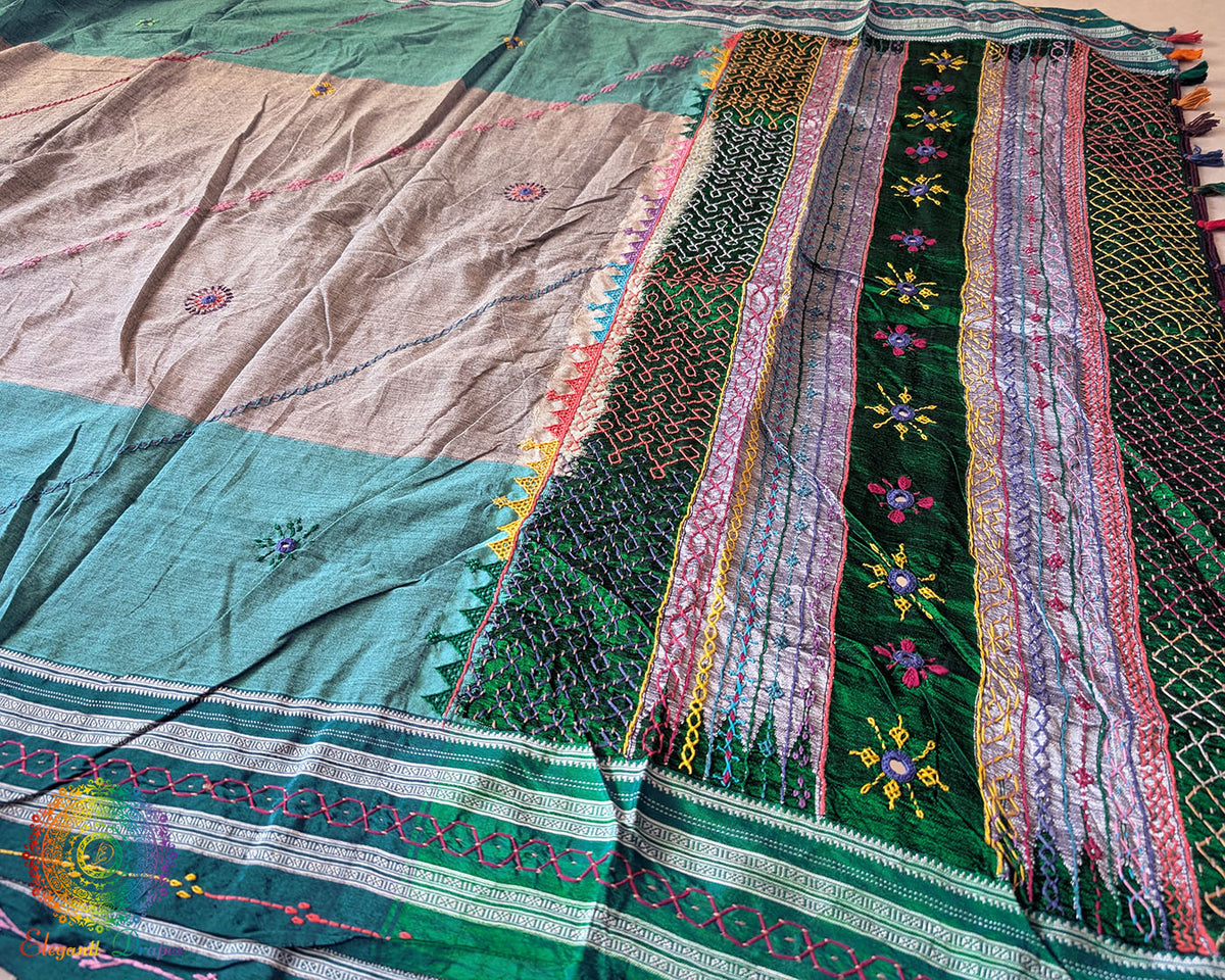 Sea Green Ilkal Cotton Saree with Lambani Hand Embroidery