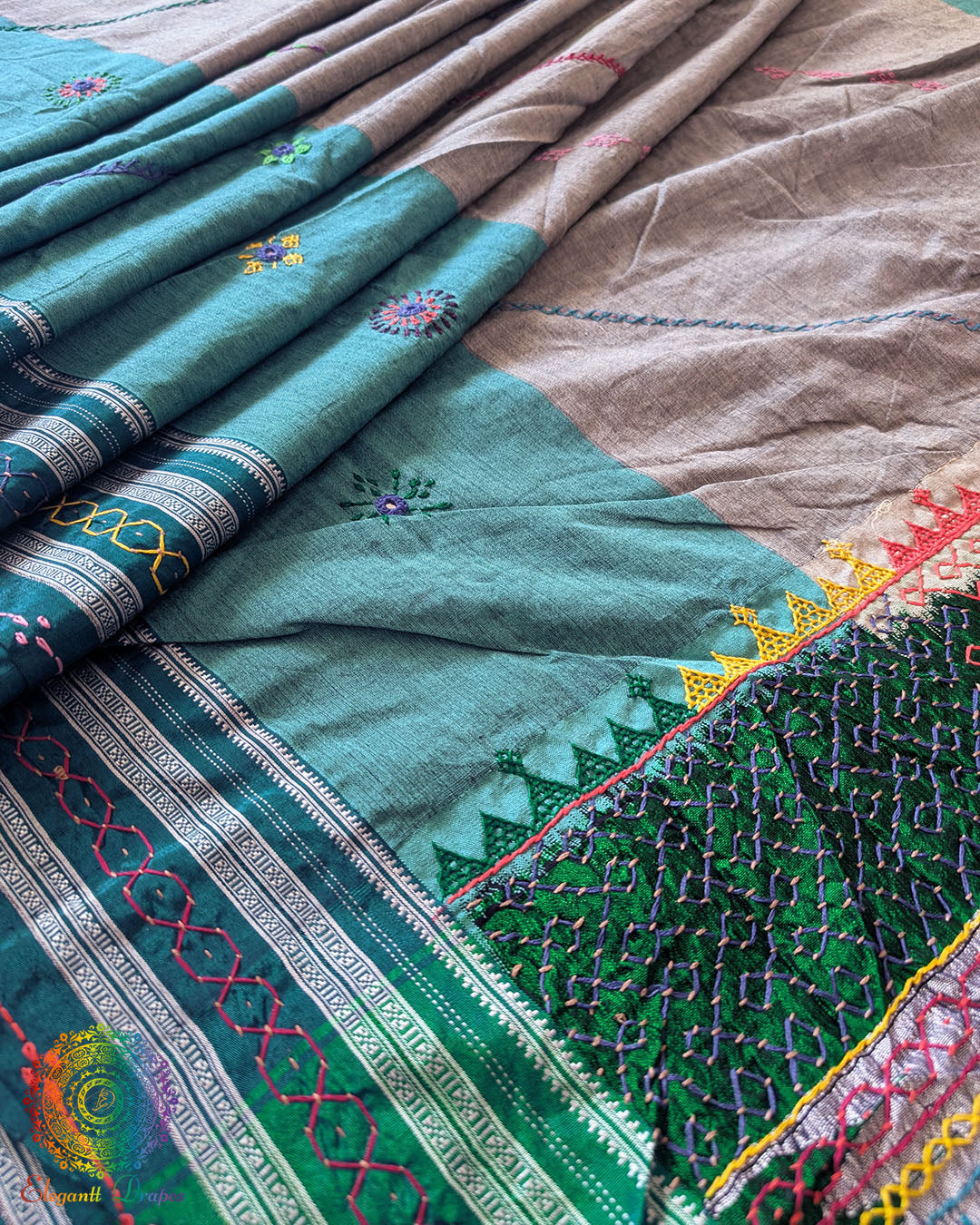 Close-up of the traditional Ilkal woven border with Lambani hand embroidery