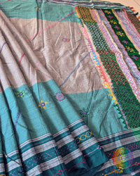 Sea Green Ilkal cotton fabric showcasing woven texture and handcrafted Lambani embroidery