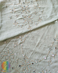 Sea Green Kala Cotton Kutch Mirror Handwork blouse piece featuring traditional thread embroidery and real mirror embellishments, designed for customised ethnic blouse stitching.