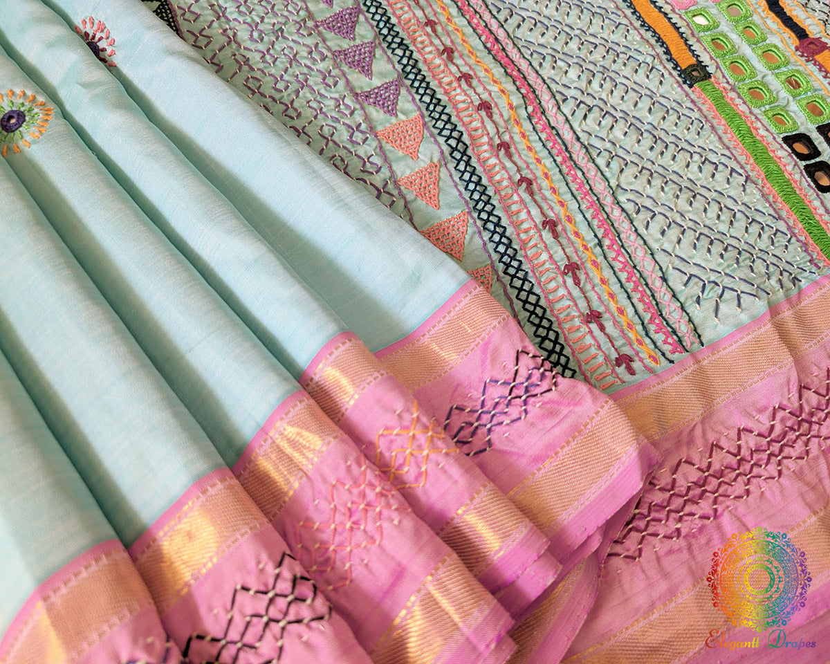 Sea green Kanjivaram silk Lambani saree border detail