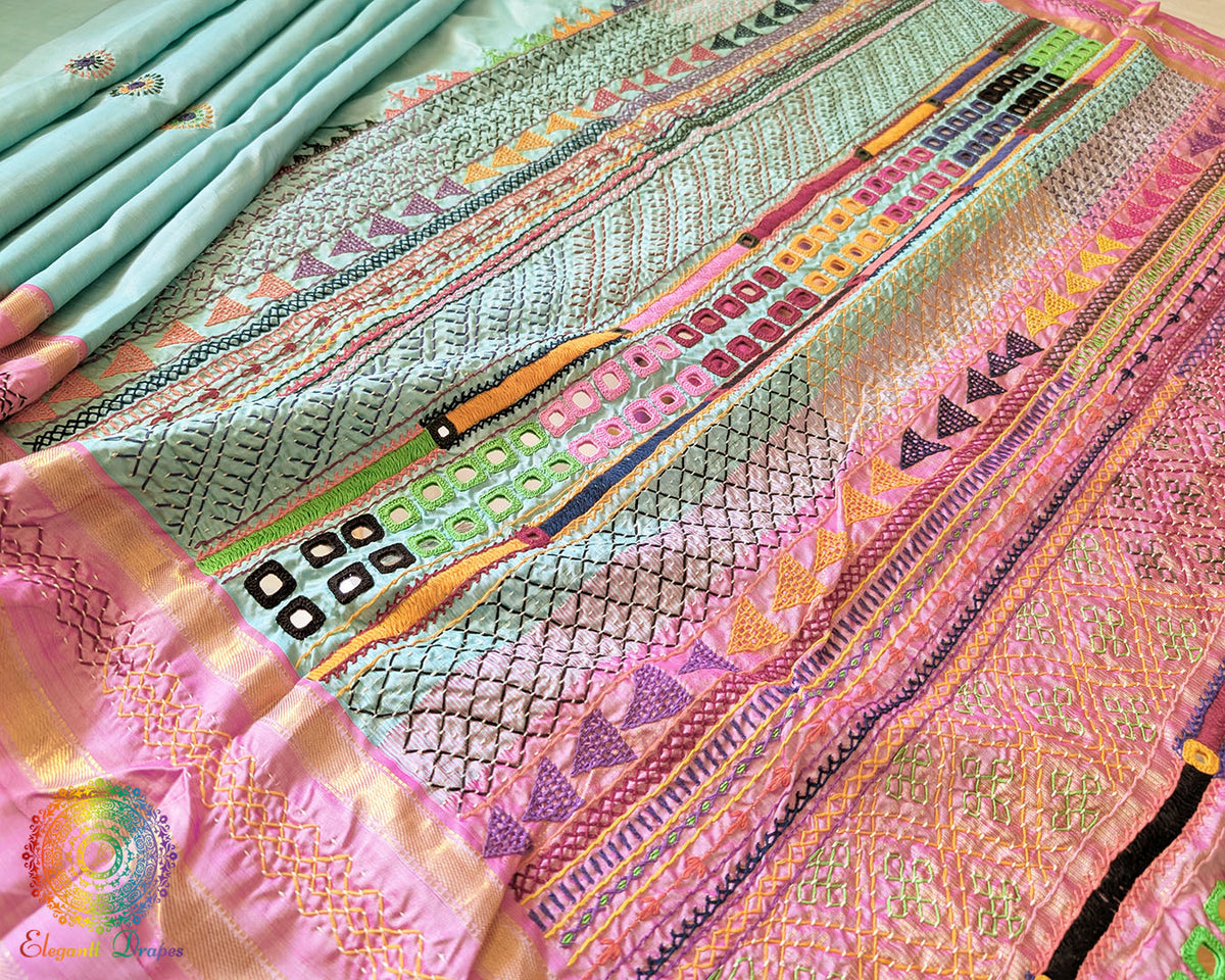 Sea green Kanjivaram silk Lambani saree embroidery detail