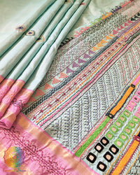 Sea green Kanjivaram silk Lambani saree full view