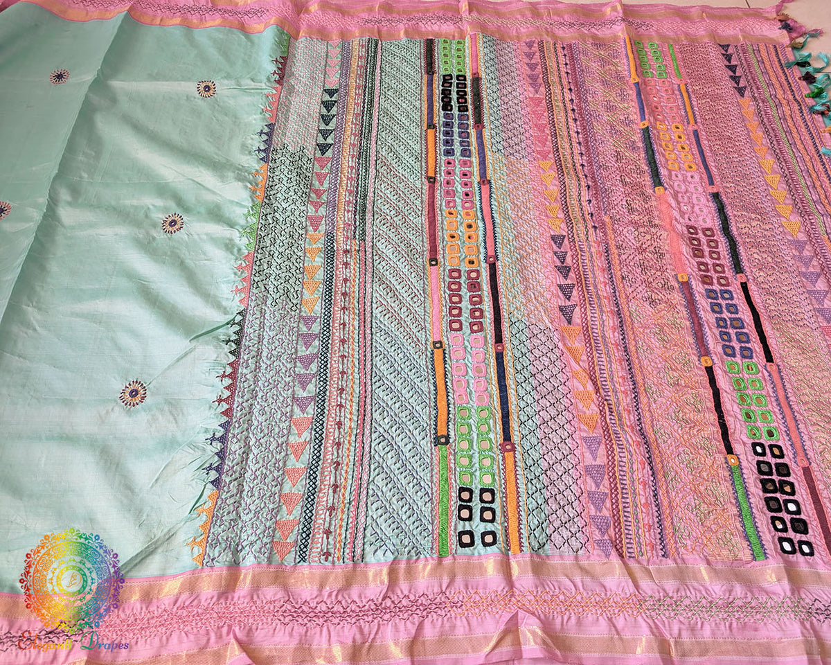 Sea green Kanjivaram silk Lambani saree open view
