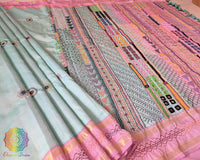 Sea green Kanjivaram silk Lambani saree pleats view