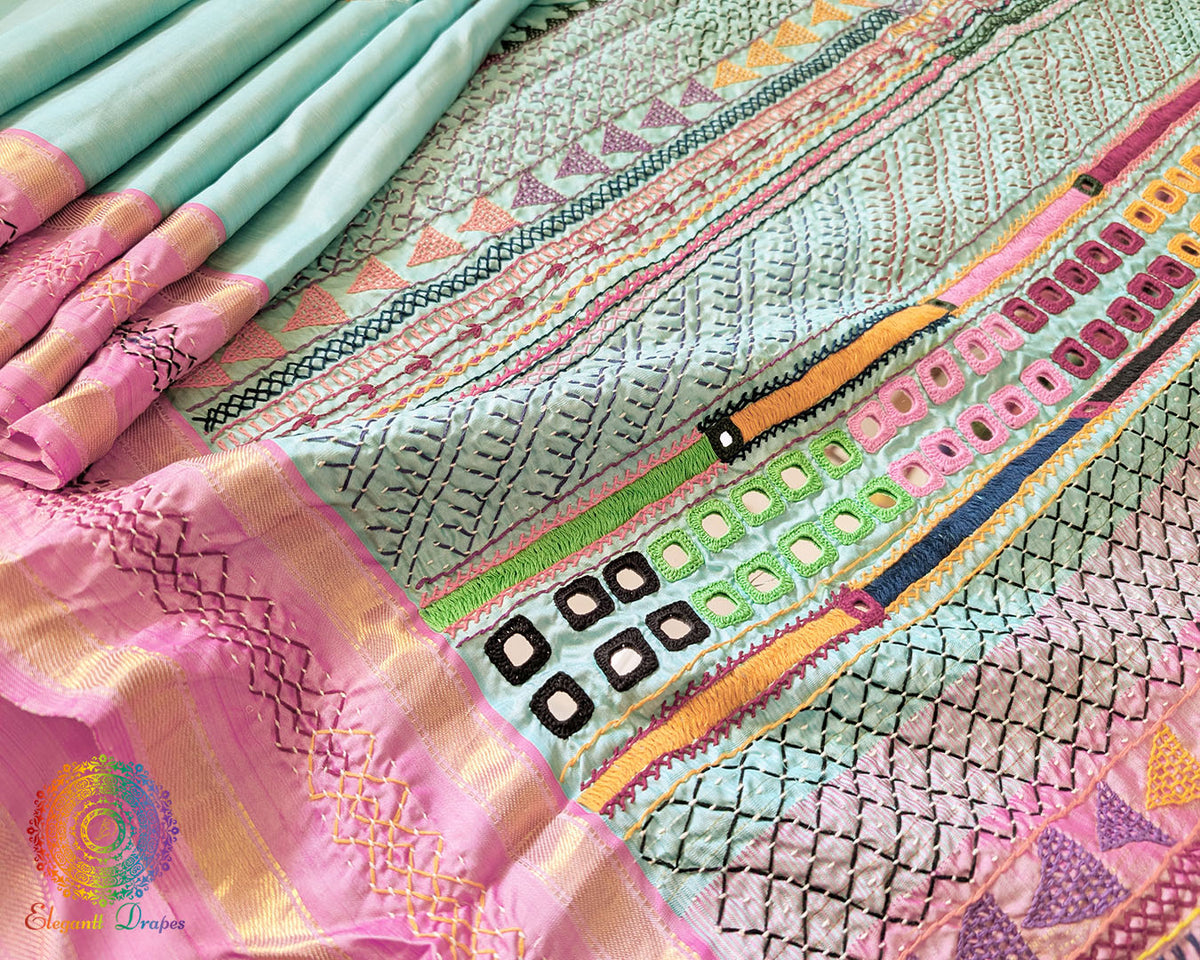 Sea green Kanjivaram silk Lambani saree close up