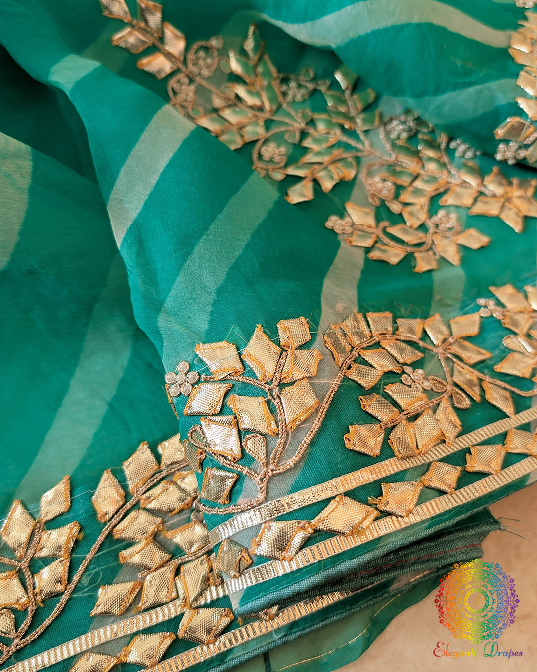 Sea Green Organza Leheria Saree – Detailed Kachha Gota Handwork visible against the delicate translucent Organza fabric