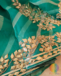 Sea Green Organza Leheria Saree – Detailed Kachha Gota Handwork visible against the delicate translucent Organza fabric