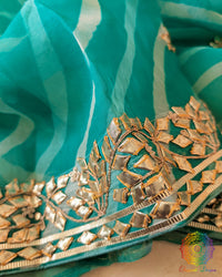 Sea Green Organza Leheria Saree – Detailed view of the saree body highlighting the fine Organza texture, Leheria pattern and Gota handwork