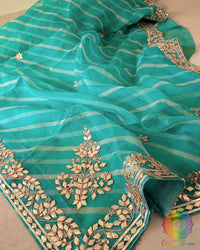 Sea Green Organza Leheria Saree – Detailed view of the Leheria pattern with delicate Kachha Gota Handwork across the saree body