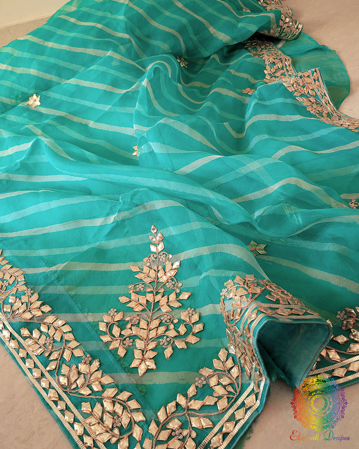 Sea Green Organza Leheria Saree – Detailed view of the Leheria pattern with delicate Kachha Gota Handwork across the saree body