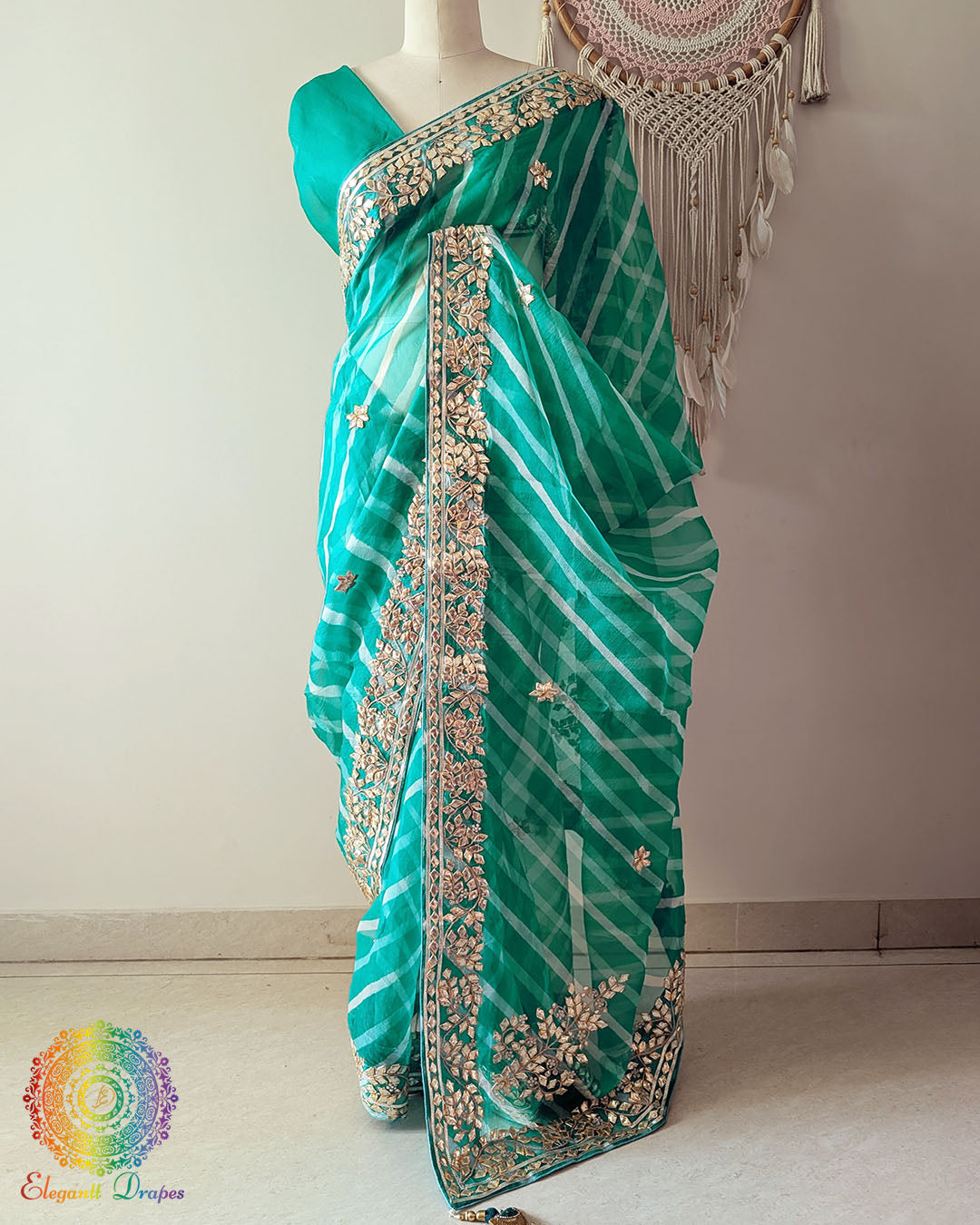 Sea Green Organza Leheria Saree with Kachha Gota Handwork – Front Drape showcasing the flowing Leheria pattern and intricate traditional Gota embellishment