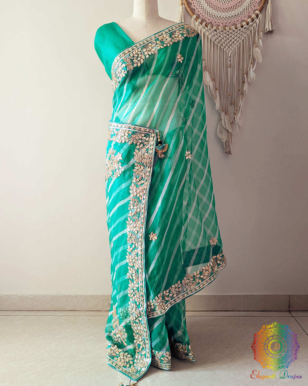Sea Green Organza Leheria Saree with Kachha Gota Handwork – Palla Drape showing the ornate palla and handcrafted Kachha Gota detailing