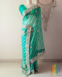 Sea Green Organza Leheria Saree with Kachha Gota Handwork – Palla Drape showing the ornate palla and handcrafted Kachha Gota detailing