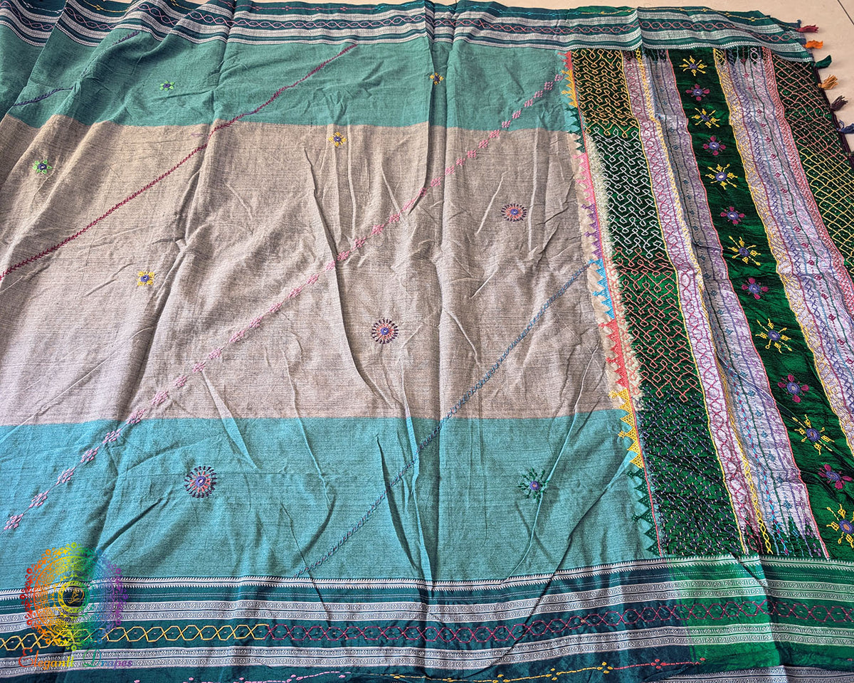 Sea Green Ilkal cotton saree with Lambani hand embroidery and heavily embroidered half-meter palla