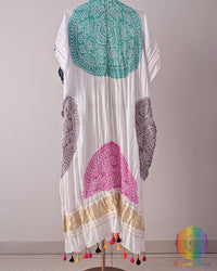Close-up of the White Gajji Silk Bandhani Dupatta featuring navy blue and sea green motifs, highlighting the traditional Bandhani dotted patterns and contrasting colours.