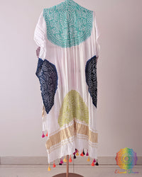 White Gajji Silk Multicolour Bandhani Dupatta displayed in a full view, revealing the arrangement of colourful traditional motifs across the white silk fabric.