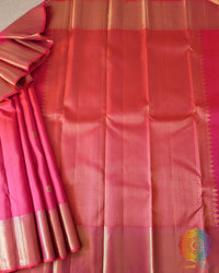 Shot Pink Pure Kanjivaram Handloom Silk Saree shown in a full open view, highlighting the interplay of pink and orange tones across the silk fabric and its elegant handloom finish.