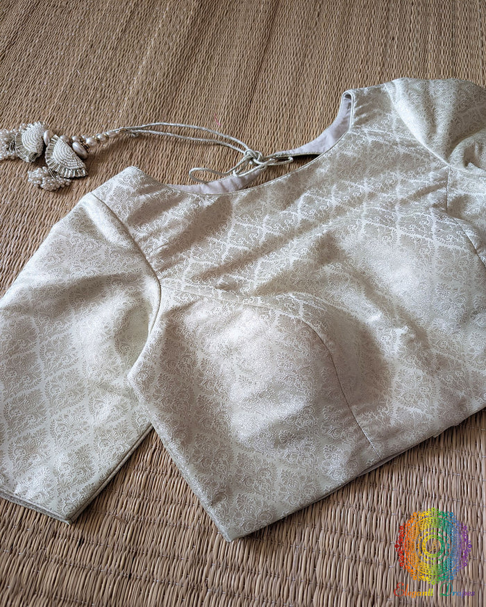 Off White Banarasi Brocade Designer Blouse front view with silver zari