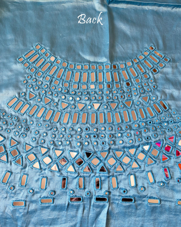 Close-up of Kutch mirror work on the back of Blue Mashru Silk Blouse Piece