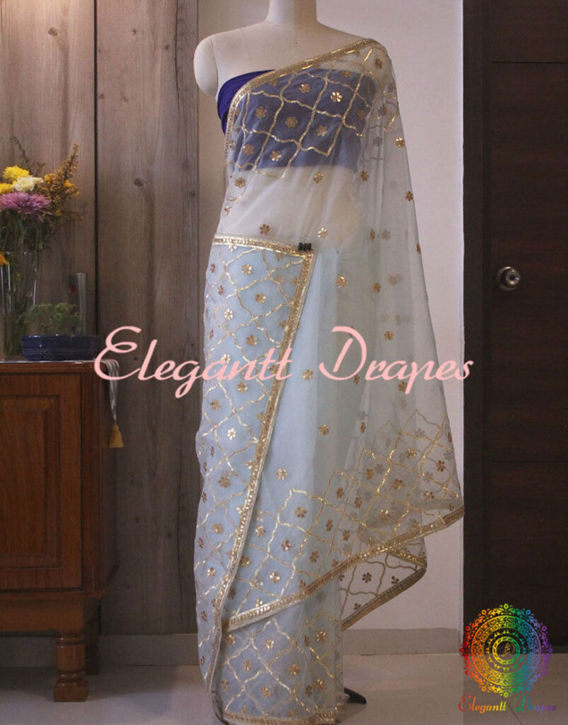 Baby Blue Pure Organza Gota Patti Handwork Saree – Handloom Saree Online India | Elegantt Drapes