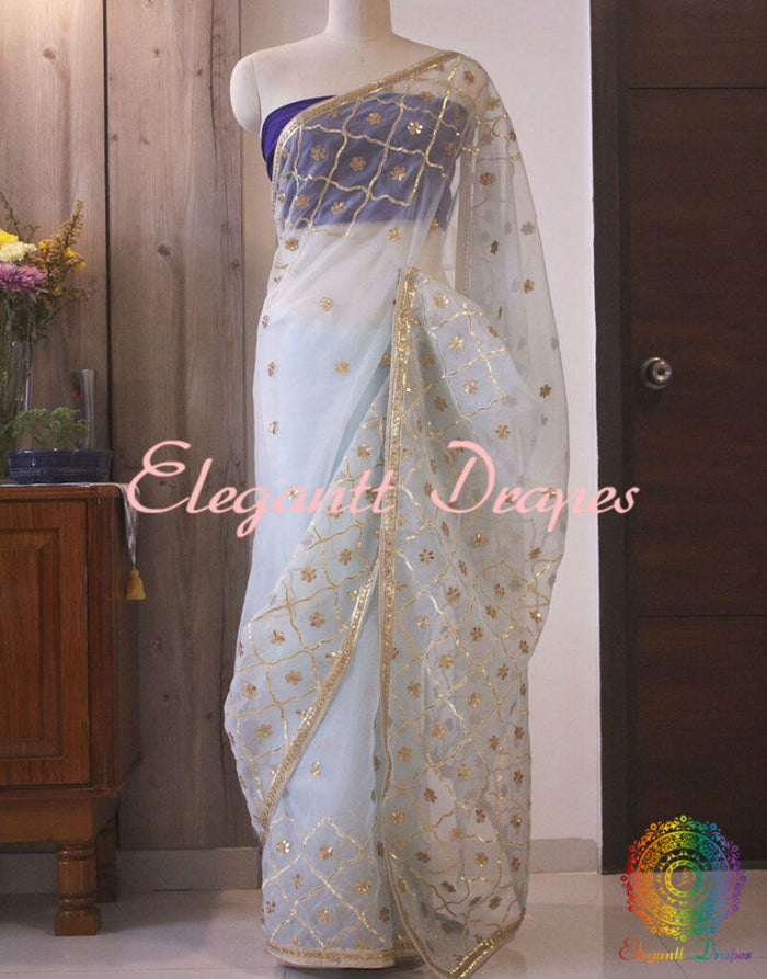 Baby Blue Pure Organza Gota Patti Handwork Saree – Handloom Saree Online India | Elegantt Drapes