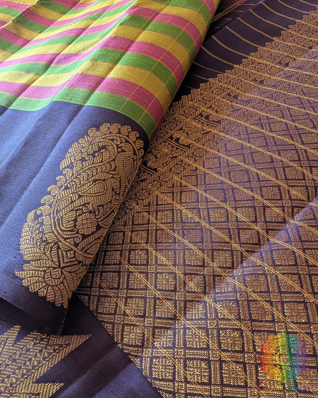 Pure Kanjivaram Handloom Silk Saree – Detailed Blue Border View highlighting the woven gold zari motifs, rich blue border and fine craftsmanship of this traditional multicolour checkered saree.