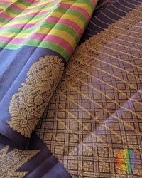 Pure Kanjivaram Handloom Silk Saree – Detailed Blue Border View highlighting the woven gold zari motifs, rich blue border and fine craftsmanship of this traditional multicolour checkered saree.