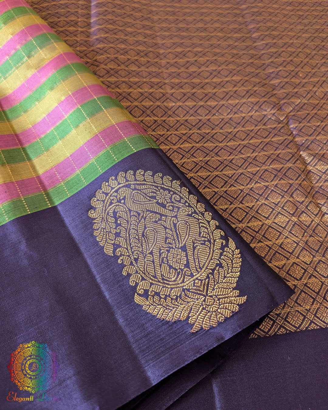 Pure Kanjivaram Handloom Silk Saree – Detailed Blue Border View highlighting the woven gold zari motifs, rich blue border and fine craftsmanship of this traditional multicolour checkered saree.