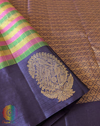 Pure Kanjivaram Handloom Silk Saree – Detailed Blue Border View highlighting the woven gold zari motifs, rich blue border and fine craftsmanship of this traditional multicolour checkered saree.