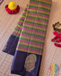 Small Checkered Pure Kanjivaram Handloom Silk Saree – Folded View showcasing the multicolour small-check pattern, lustrous silk texture and contrasting blue border with traditional 2gm gold zari detailing.