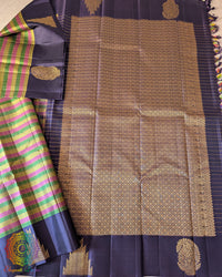 Small Checkered Pure Kanjivaram Silk Saree – Open Full View displaying the complete saree with its multicolour checkered body, rich blue palla and coordinating blue border enhanced with gold zari weaving.