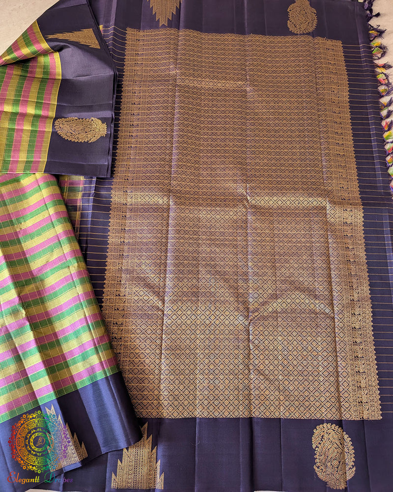 Small Checkered Pure Kanjivaram Silk Saree – Open Full View displaying the complete saree with its multicolour checkered body, rich blue palla and coordinating blue border enhanced with gold zari weaving.