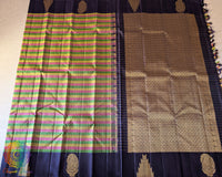Multicolour Checkered Kanjivaram Handloom Silk Saree – Full Length View highlighting the intricate small checks woven across the silk body, complemented by a contrasting blue palla and traditional gold zari border.