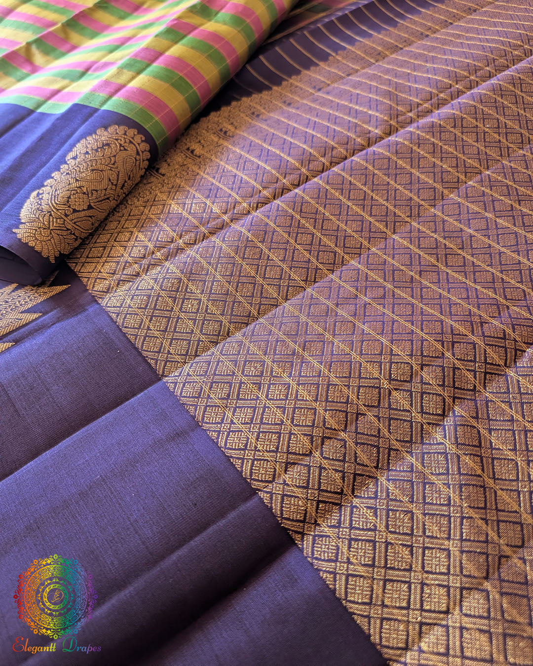 Small Checkered Kanjivaram Silk Saree – Blue Palla Close-Up featuring the contrasting blue palla with traditional 2gm gold zari detailing and intricate woven patterns that complement the multicolour body.