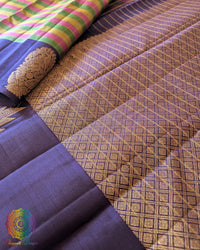 Small Checkered Kanjivaram Silk Saree – Blue Palla Close-Up featuring the contrasting blue palla with traditional 2gm gold zari detailing and intricate woven patterns that complement the multicolour body.