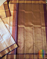 Taupe Maroon Pure Kanjivaram Silk Saree – Open Full View displaying the plain taupe body paired with a rich maroon palla and zari-woven border, highlighting the saree’s understated elegance.
