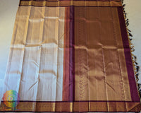 Taupe Maroon Pure Kanjivaram Handloom Silk Saree – Full Length View highlighting the sophisticated taupe body, deep maroon palla and contrasting gold zari border across the saree.