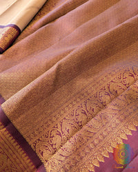 Taupe Maroon Handloom Kanjivaram Saree – Detailed Palla View highlighting the gold zari patterns across the maroon palla and the contrast with the plain taupe silk body.