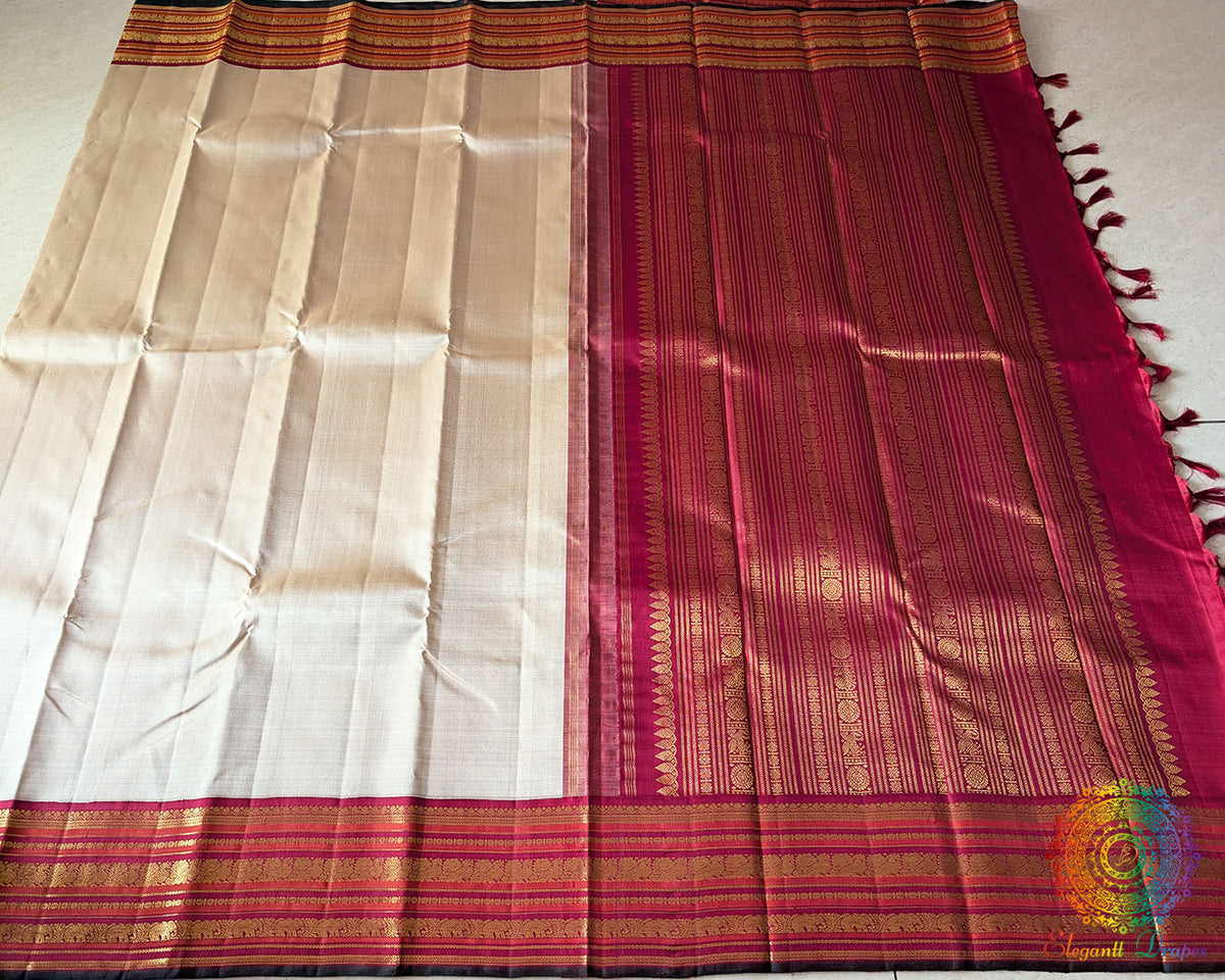 Taupe Pure Kanjivaram Silk Saree with 2-Gram Gold Zari showcasing its elegant drape and luxurious silk texture