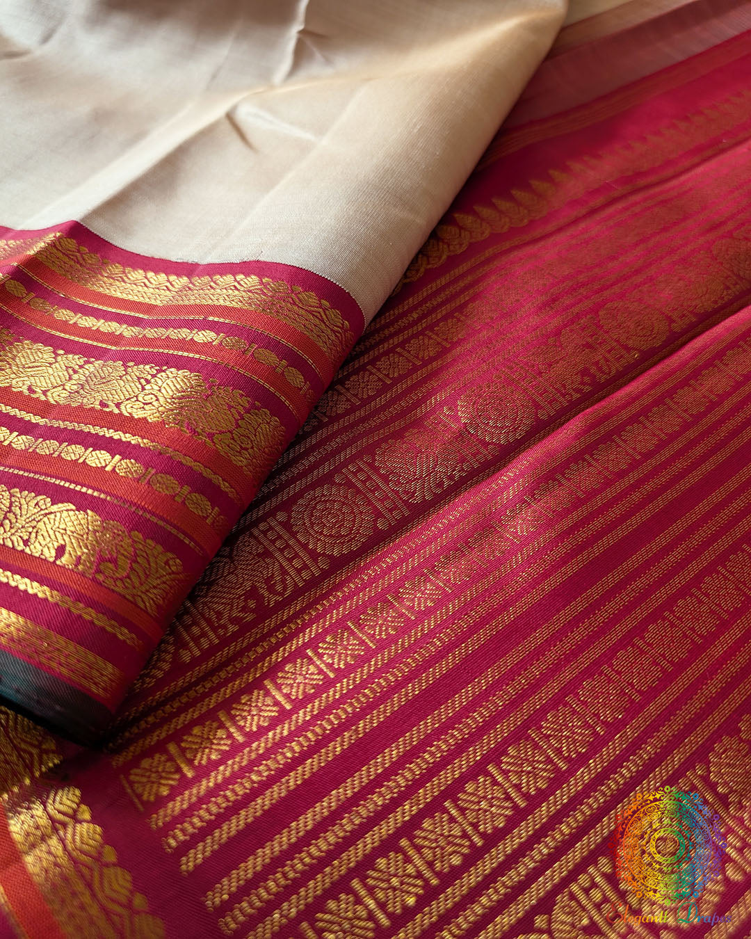 Close-up of the rich silk weave and authentic 2-Gram Gold Zari on the Taupe Pure Kanjivaram Silk Saree