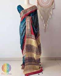 Teal Blue Gharchola Pure Gajji Silk Bandhani Saree Palla View with Ajrakh Palla
